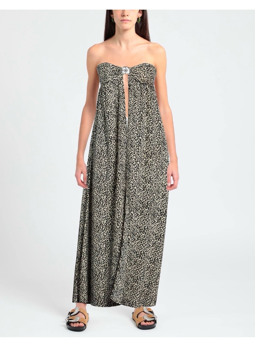 Strapless Animal-Print Maxi Dress in Black and Cream